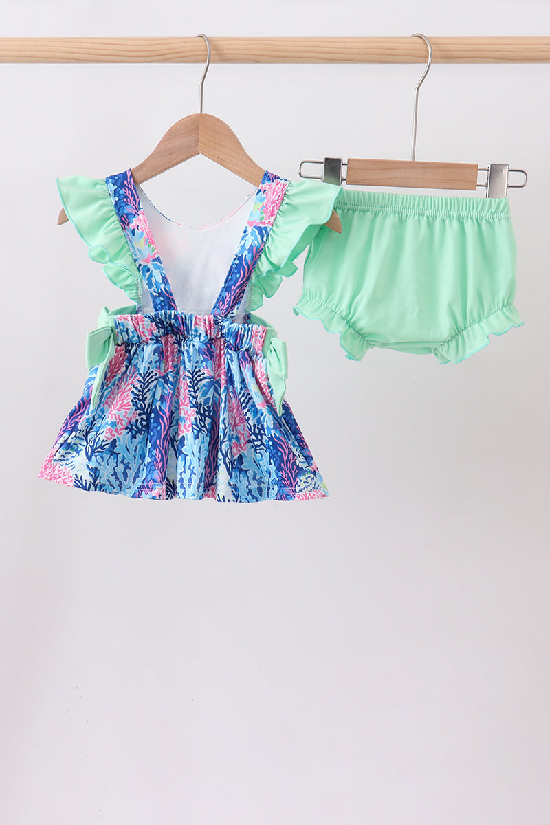 Blue marine creature print ruffle bloomer set | Boutique Children's Clothing