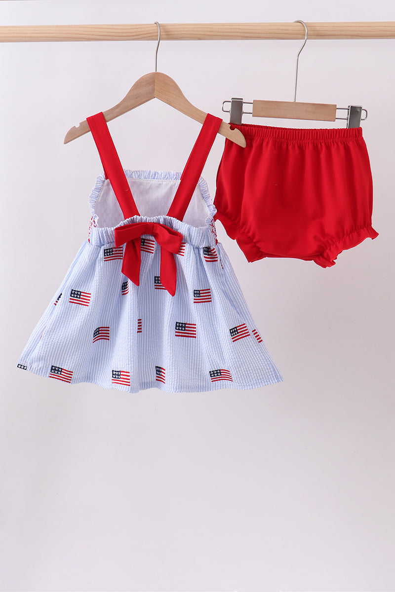 Blue flag embroidery seersucker bloomer set | Boutique Children's Clothing