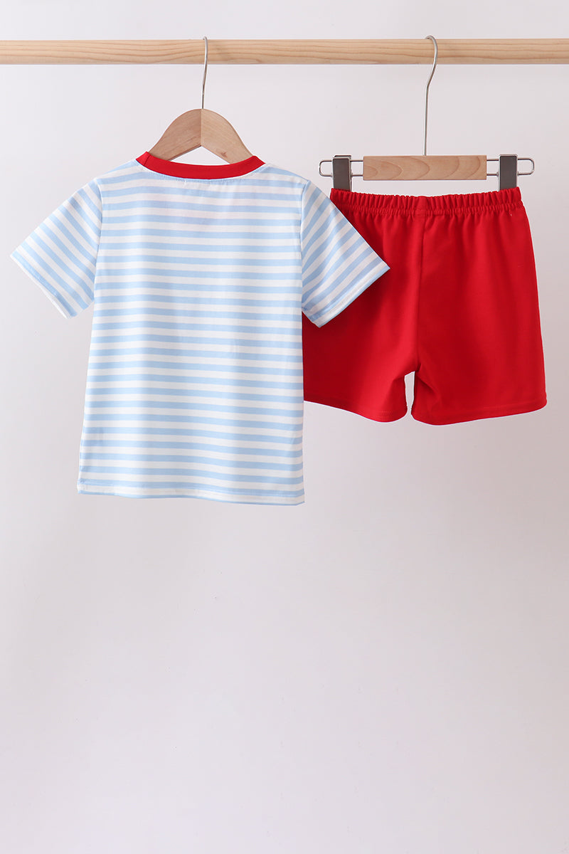 Blue Fire Engine Stripe Embroidered Set | Boutique Children's Clothing