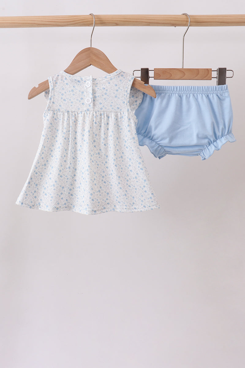 Blue Floral Embroidered Bloomer Set | Boutique Children's Clothing