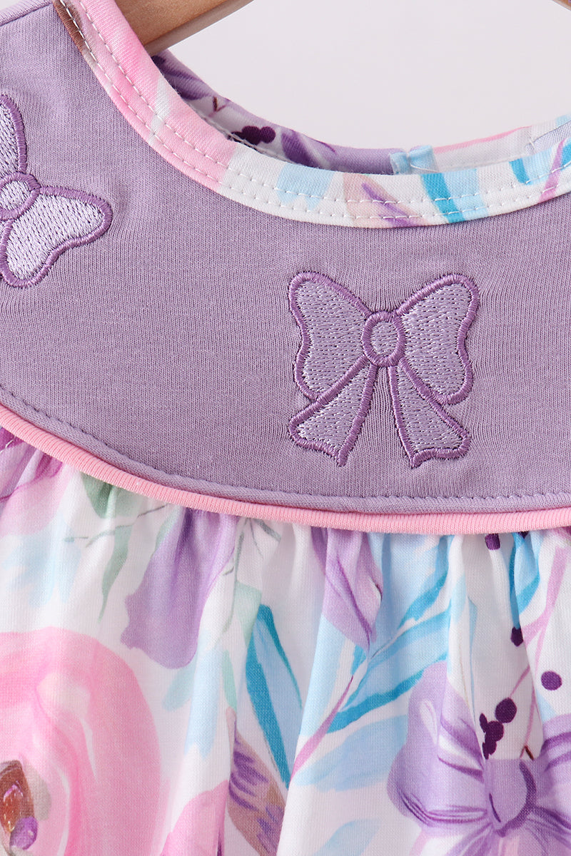 Purple Bow Embroidered Floral Bubble | Boutique Children's Clothing