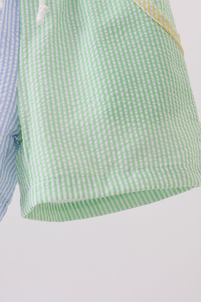 Pink stripe seersucker flamingo embroidery ruffle bubble | Boutique Children's Clothing