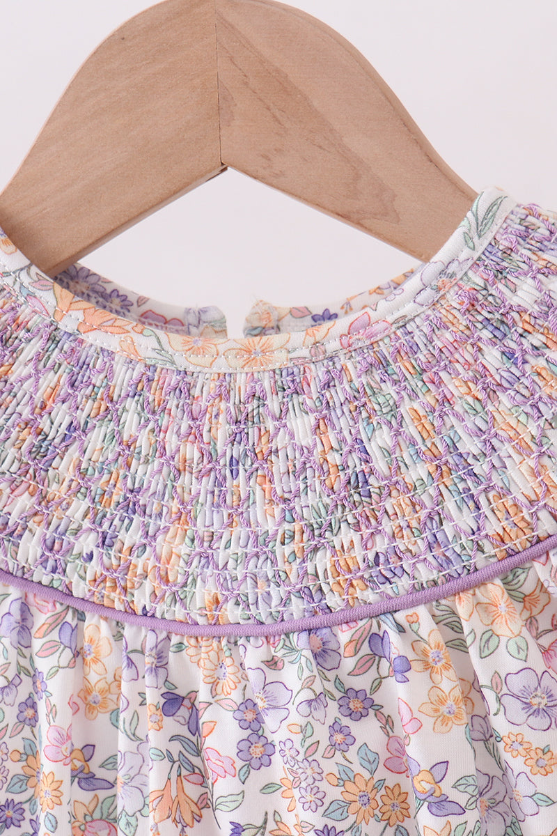Purple Floral Smocked Ruffle Bubble | Boutique Children's Clothing