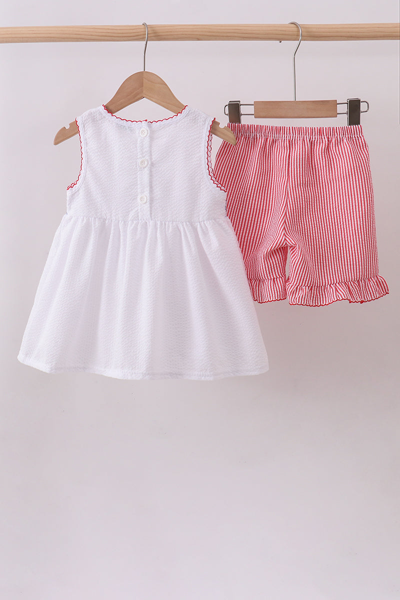 Pink flag smocked ruffle shorts set | Boutique Children's Clothing