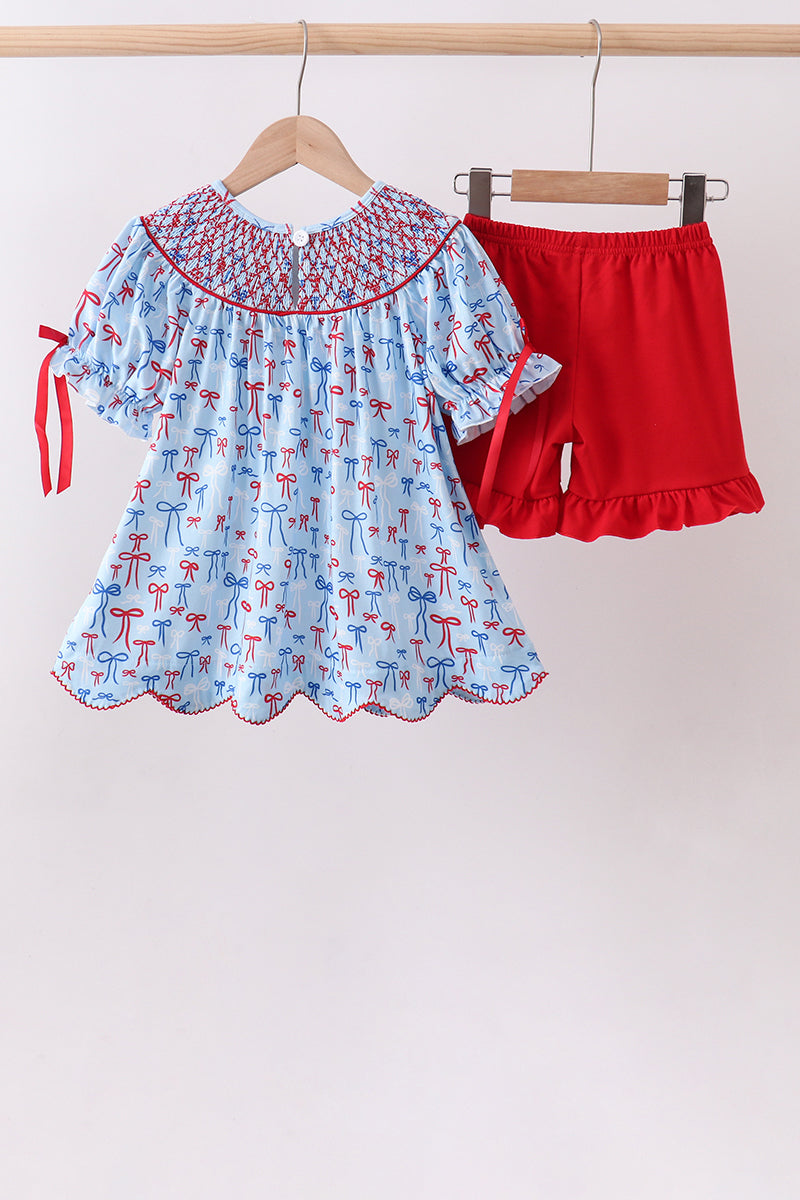 Blue bow smocked ruffle shorts set | Boutique Children's Clothing
