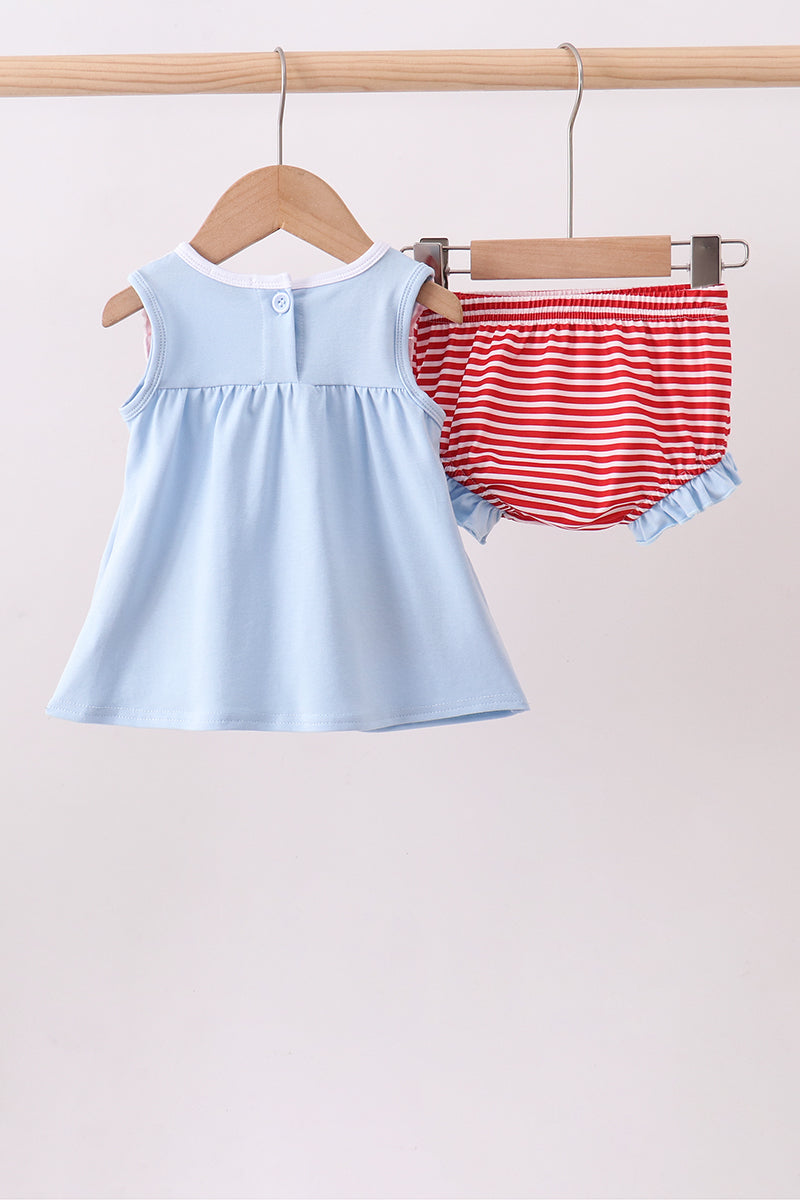 Blue god bless America flag french knot ruffle bloomer set | Boutique Children's Clothing