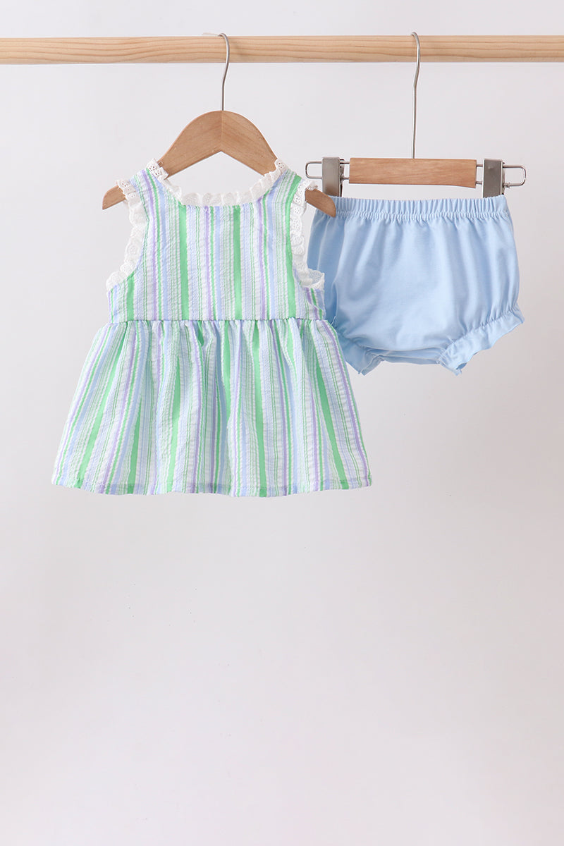 Green Stripe Smocked Bow Seersucker Bloomer Set | Boutique Children's Clothing