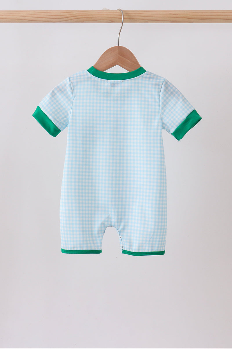 Green grid pocket romper | Boutique Children's Clothing