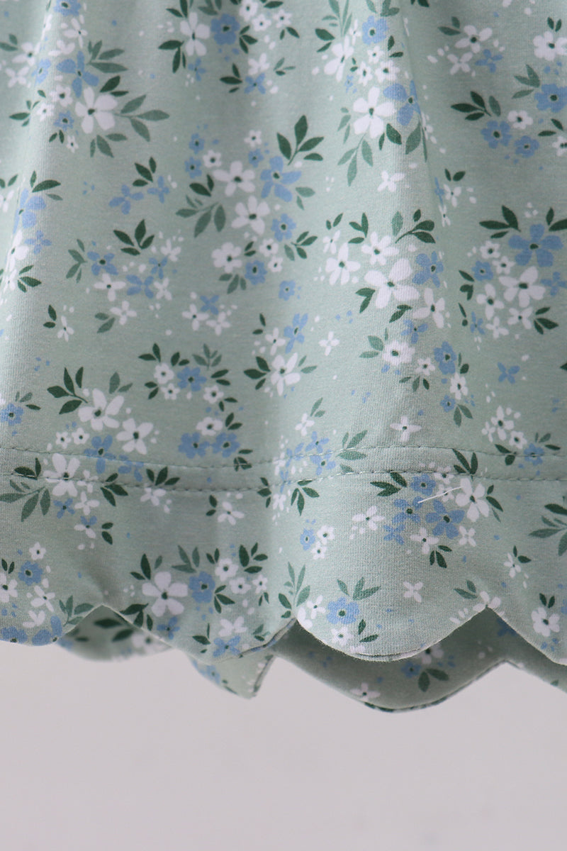 Sage floral cross embroidery ruffle bloomer set | Boutique Children's Clothing