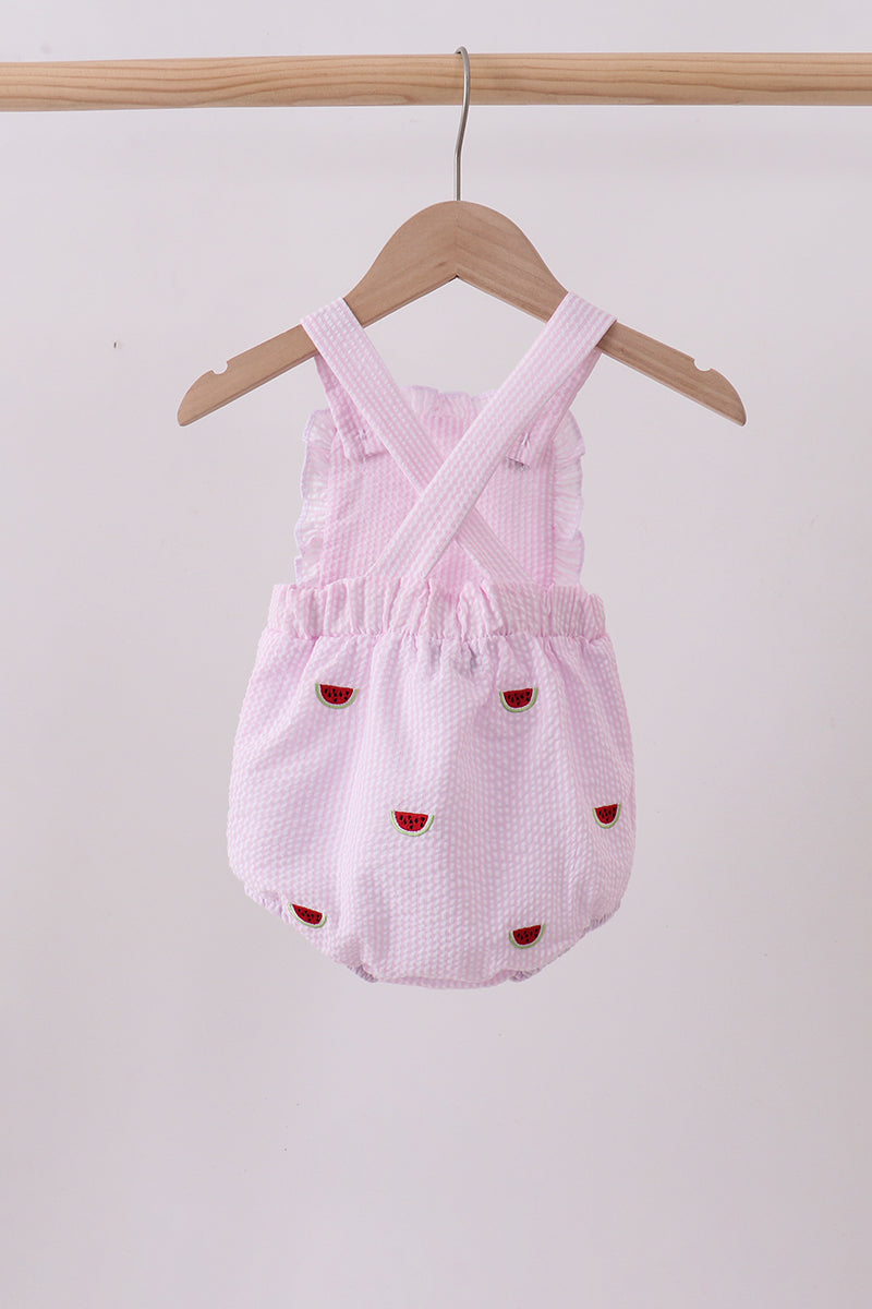 Pink stripe watermelon embroidery seersucker ruffle bubble | Boutique Children's Clothing