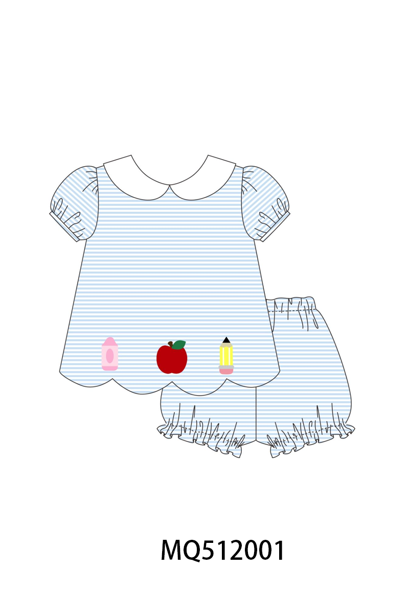 Blue Apple pencil Embroidery Bloomer Set | Boutique Children's Clothing