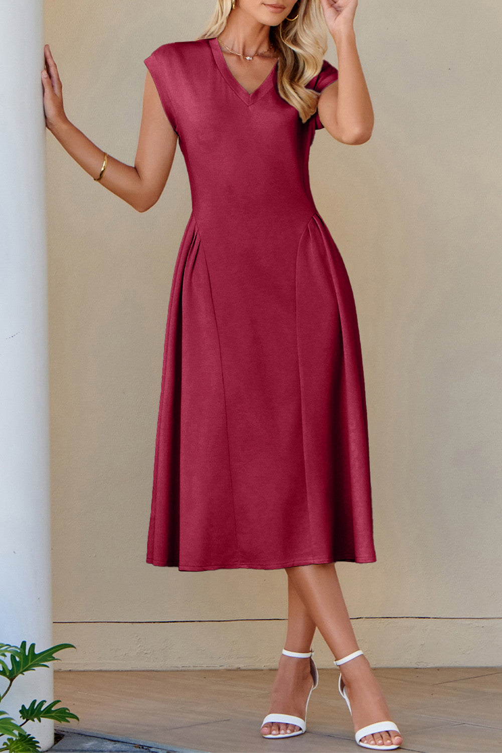 Red Pleated Midi Dress LT