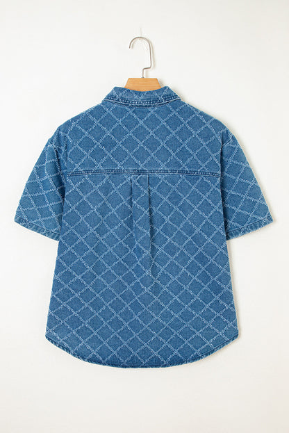 Blue Checkered Textured Denim Top LT