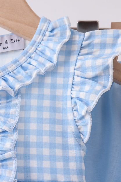 Blue cross bow embroidery ruffle gingham bloomer set