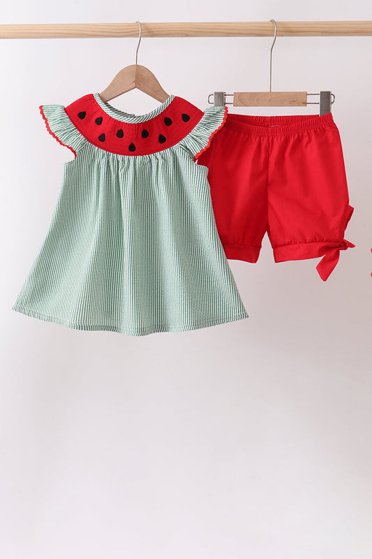 Green Watermelon Stripe Smocked Embroidered Seersucker Set | Boutique Children's Clothing