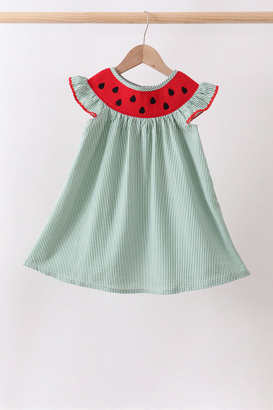 Green Watermelon Stripe Smocked Embroidered Seersucker Dress | Boutique Children's Clothing