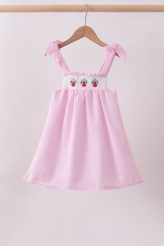 Pink stripe seersucker strawberry smocked dress | Boutique Children's Clothing