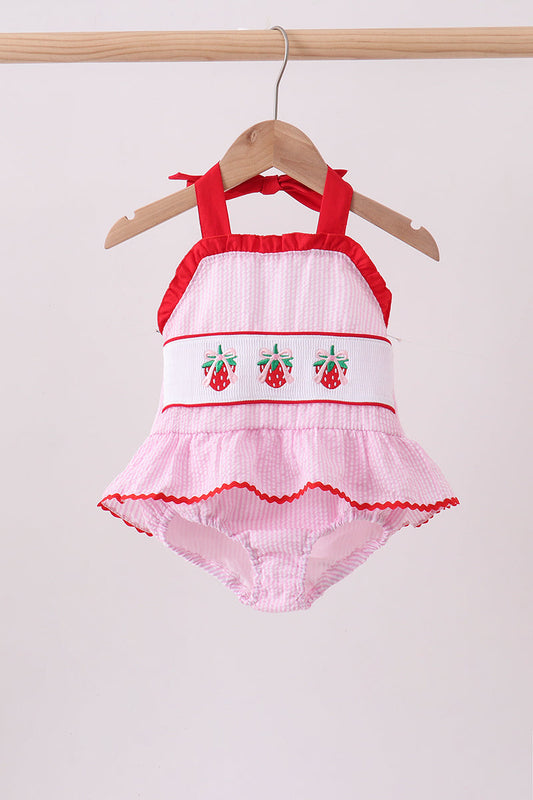 Pink stripe seersucker strawberry smocked one-piece swimsuit | Boutique Children's Clothing