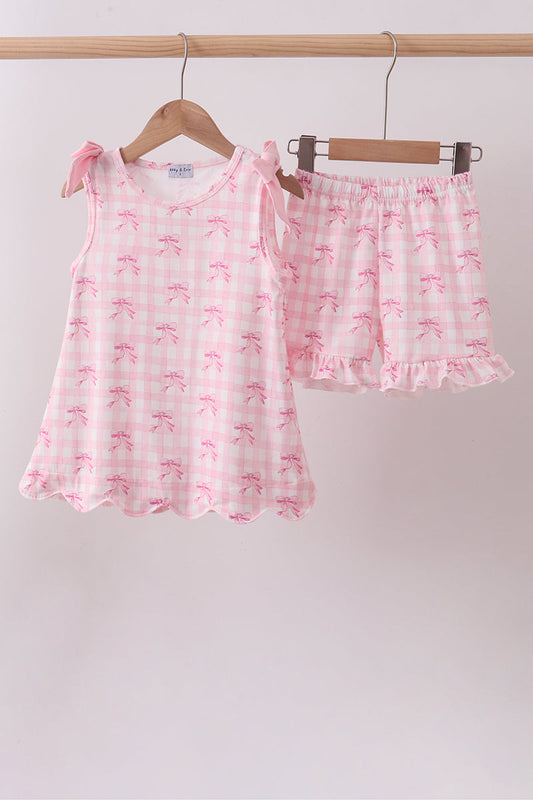 Pink bow print scalloped ruffle shorts set | Boutique Children's Clothing