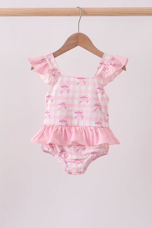 Pink bow print ruffle one-piece swimsuit | Boutique Children's Clothing