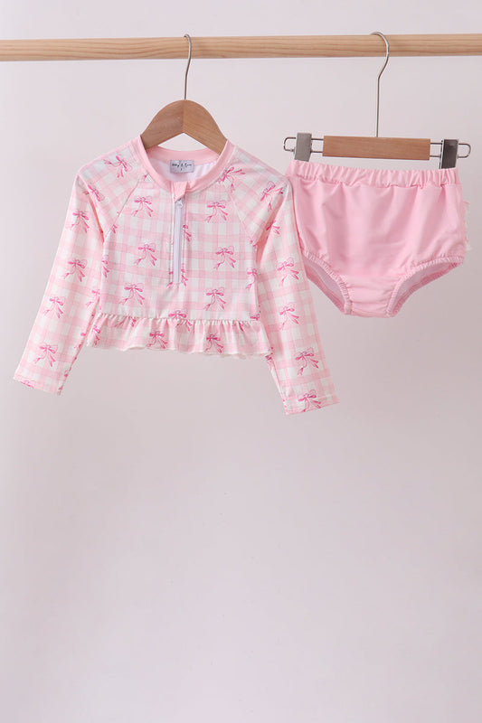 Pink bow print ruffle zipper 2pc swimsuit | Boutique Children's Clothing