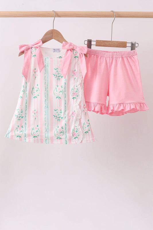 Pink floral print bow ruffle shorts set | Boutique Children's Clothing