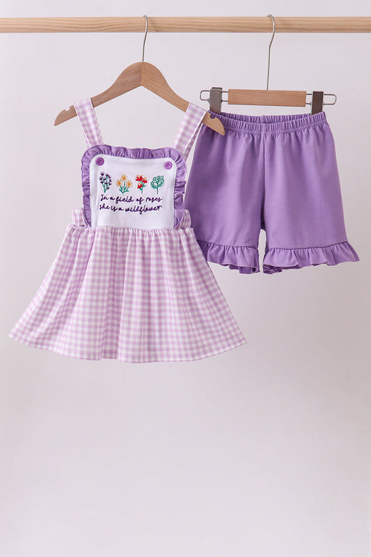 Purple floral embroidery gingham ruffle shorts set | Boutique Children's Clothing