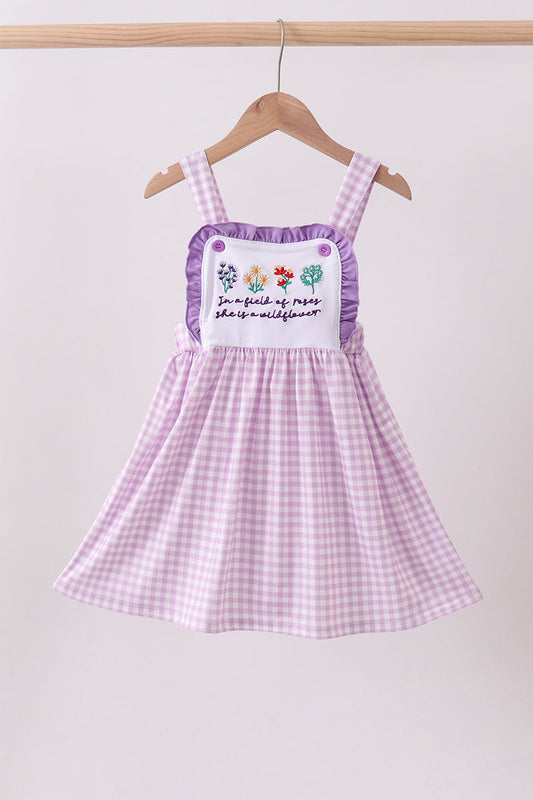 Purple floral embroidery gingham ruffle dress | Boutique Children's Clothing