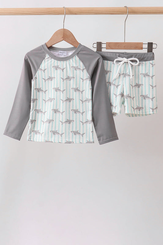 Green Stripe Shark UPF Rashguard Set | Boutique Children's Clothing