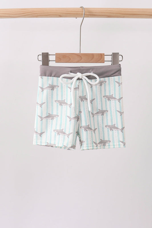Green Stripe Shark UPF Swim Trunks | Boutique Children's Clothing