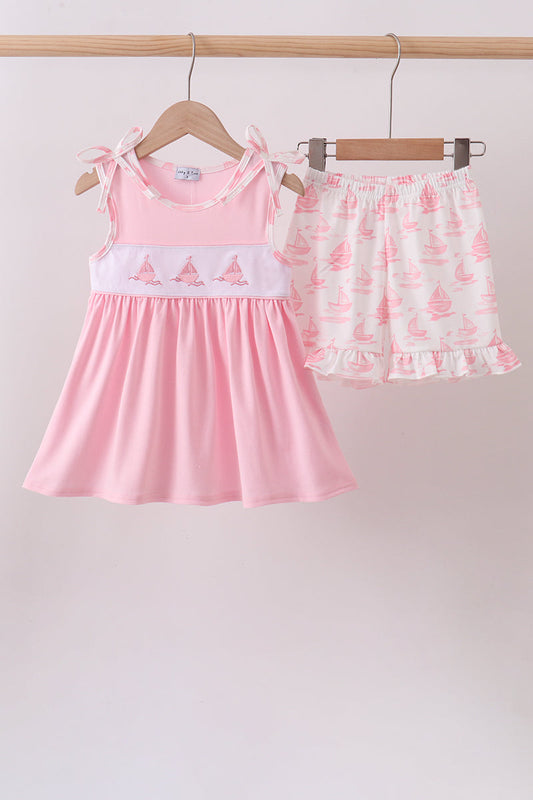 Pink Sailboat Embroidered Set | Boutique Children's Clothing