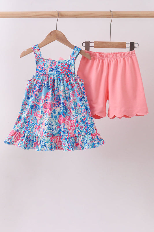 Pink tropical floral print ruffle shorts set | Boutique Children's Clothing
