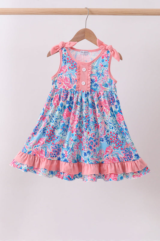 Pink tropical floral print ruffle dress | Boutique Children's Clothing