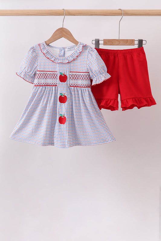 Blue Apple Embroidered Plaid Ruffle Shorts Set | Boutique Children's Clothing
