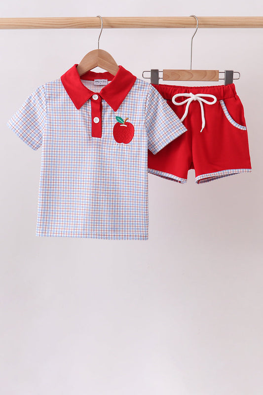 Blue Apple Embroidered Plaid Shorts Set | Boutique Children's Clothing