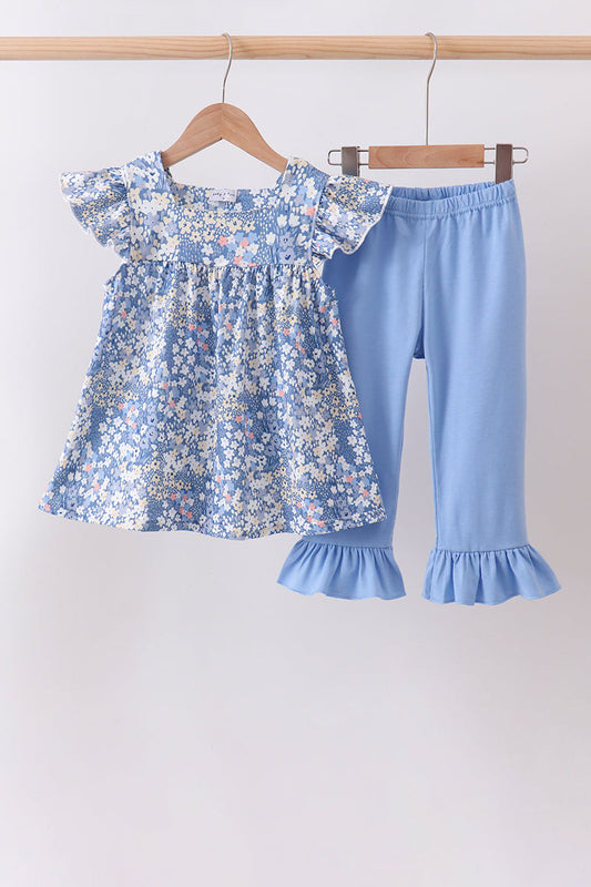 Blue Floral Print Ruffle Pants Set | Boutique Children's Clothing