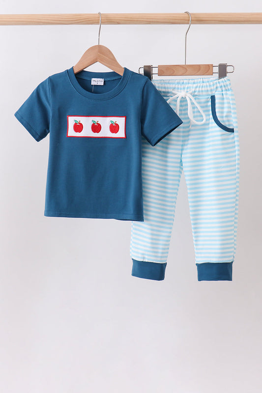 Teal Apple Embroidered Stripe Pants Set | Boutique Children's Clothing