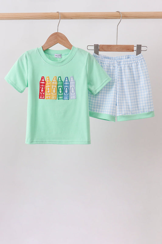 Mint Crayon Applique Gingham Shorts Set | Boutique Children's Clothing