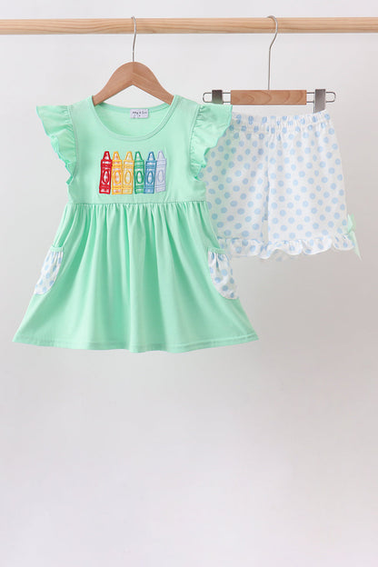 Mint Crayon Applique Ruffle Shorts Set
