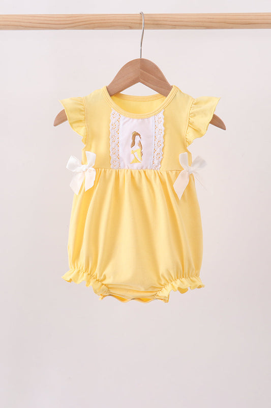 Mustard character embroidery ruffle bubble | Boutique Children's Clothing