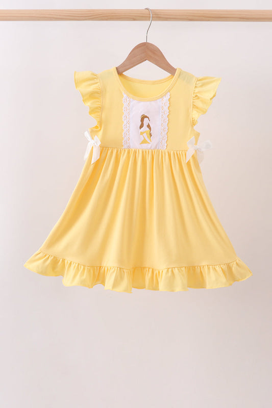 Mustard character embroidery ruffle dress | Boutique Children's Clothing