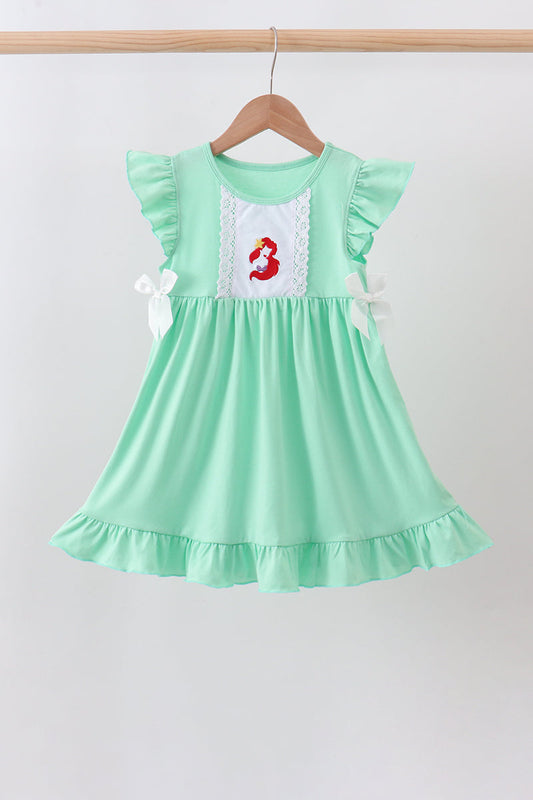Green character embroidery ruffle dress | Boutique Children's Clothing