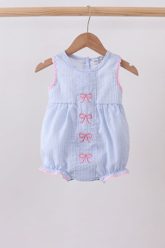 Blue Bow Embroidered Stripe Bubble | Boutique Children's Clothing