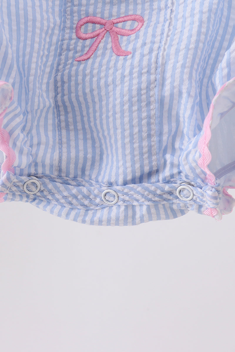 Blue Bow Embroidered Stripe Bubble | Boutique Children's Clothing