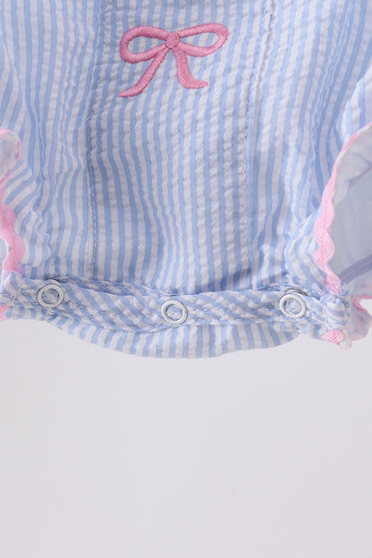 Blue Bow Embroidered Stripe Bubble | Boutique Children's Clothing