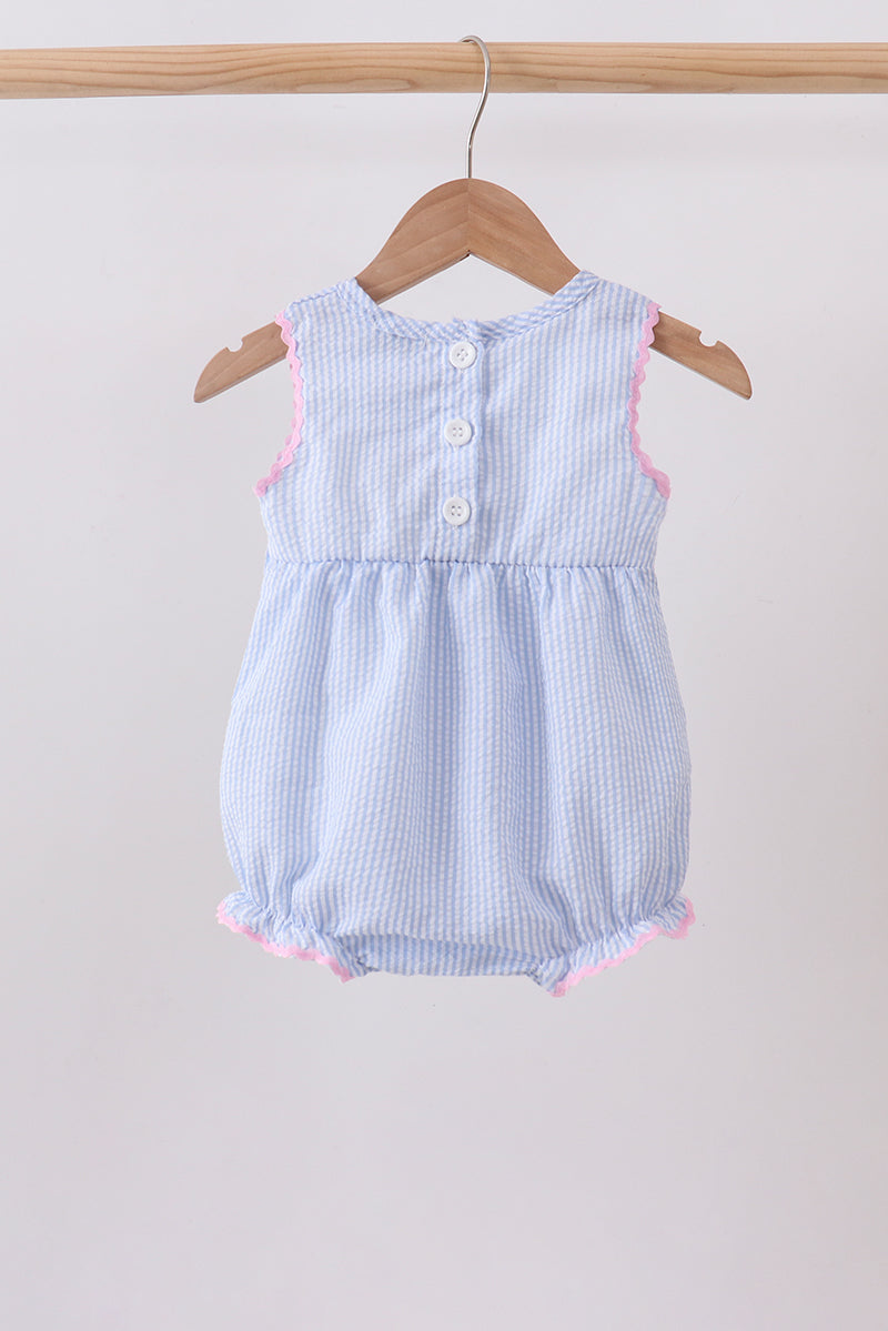 Blue Bow Embroidered Stripe Bubble | Boutique Children's Clothing