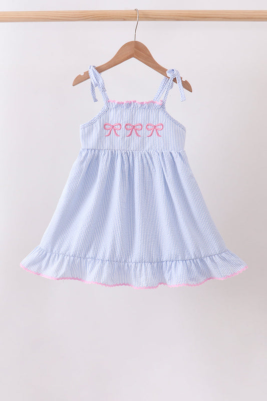 Blue Bow Embroidered Stripe Ruffle Dress | Boutique Children's Clothing