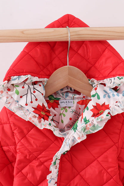 Red floral print ruffle quilted jacket