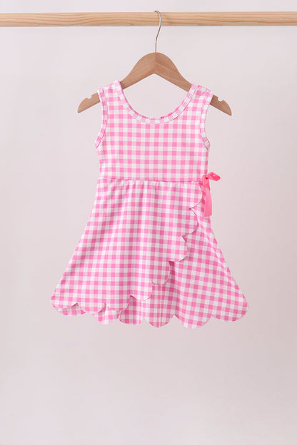 Pink Performance Gingham Bow Scalloped Dress