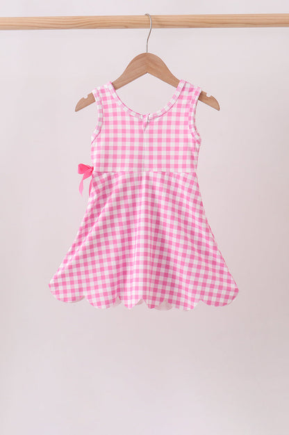 Pink Performance Gingham Bow Scalloped Dress